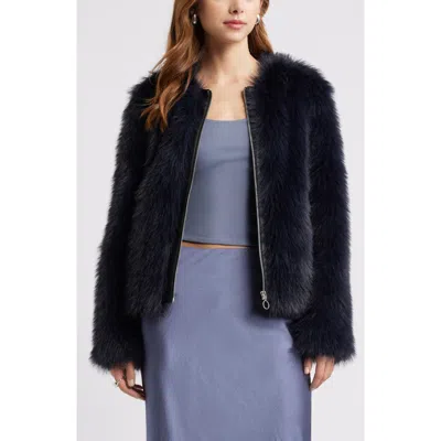 Open Edit Faux Fur Crop Jacket In Navy Blazer