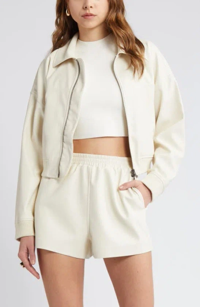 Open Edit Faux Leather Crop Bomber Jacket In Ivory Dove
