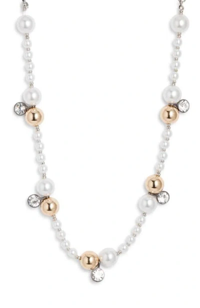 Open Edit Faux Pearl Crystal Station Necklace In White- Goldematite