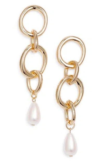 Open Edit Faux Pearl Drop Earrings In White- Gold