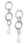 Open Edit Faux Pearl Drop Earrings In White- Rhodium