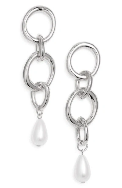 Open Edit Faux Pearl Drop Earrings In White- Rhodium