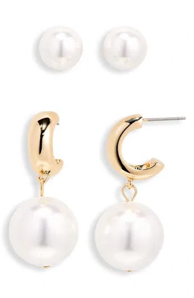 Open Edit Faux Pearl Drop Hoop Earrings In White- Gold