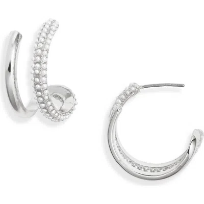 Open Edit Faux Pearl Hoop Earrings In Silver