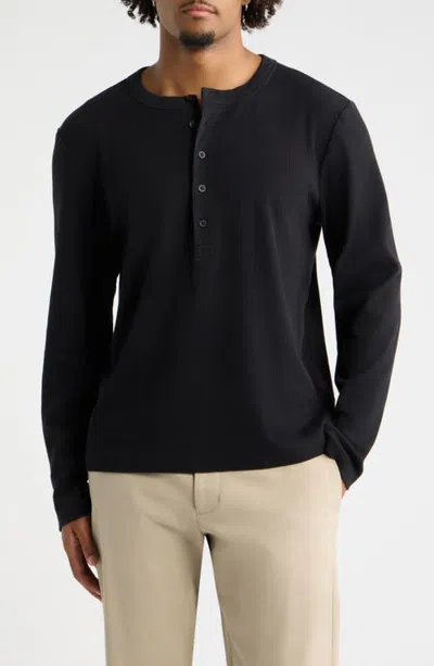 Open Edit Fitted Long Sleeve Stretch Cotton Rib Henley In Black