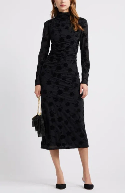 Open Edit Flocked Floral Long Sleeve Dress In Black Floral Flocked