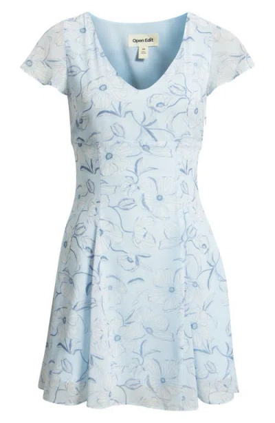 Open Edit Floral Print Fit & Flare Minidress In Blue
