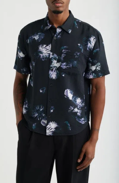 Open Edit Floral Print Relaxed Short Sleeve Button-up Shirt In Black