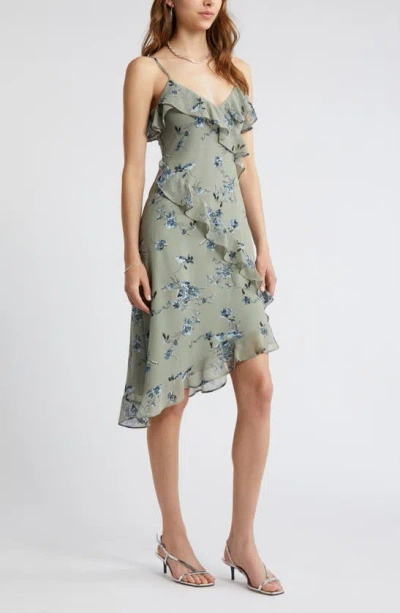 Open Edit Floral Print Ruffle Chiffon Dress In Green- Blue Smudge Floral