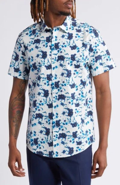 Open Edit Floral Short Sleeve Stretch Cotton Button-up Shirt In Blue