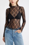 Open Edit Floral Stretch Lace Top In Black