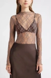 Open Edit Floral Stretch Lace Top In Brown