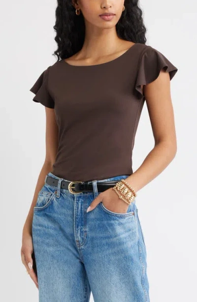 Open Edit Flutter Sleeve Top In Brown
