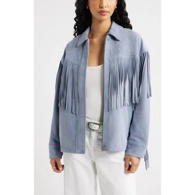 Open Edit Fringe Suede Jacket In Blue