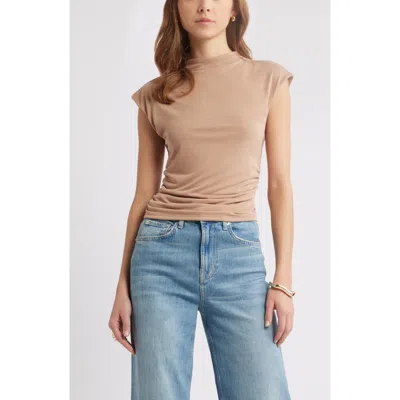 Open Edit Funnel Neck Cap Sleeve Top In Tan Natural