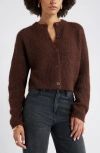 Open Edit Fuzzy Crewneck Cardigan In Brown