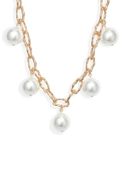 Open Edit Imitation Pearl Curb Chain Necklace In White/ Gold