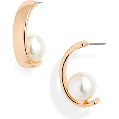 Open Edit Imitation Pearl Half Hoop Earrings In White- Gold