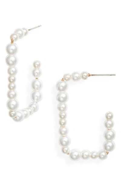 Open Edit Imitation Pearl Rectangle Hoop Earrings In White
