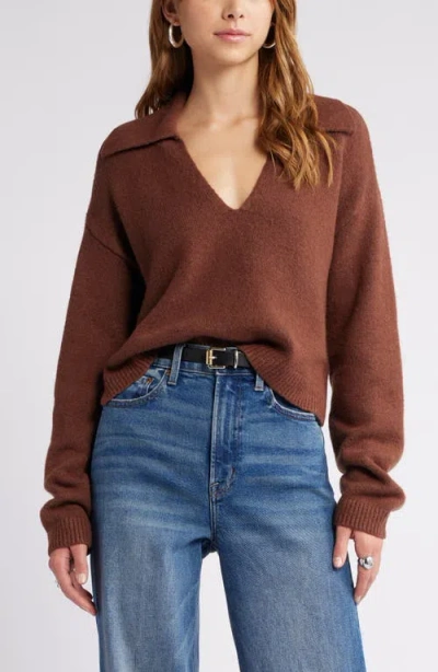 Open Edit Johnny Collar Boxy Crop Sweater In Brown Soil