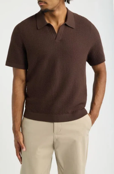 Open Edit Johnny Collar Textured Polo Sweater In Brown