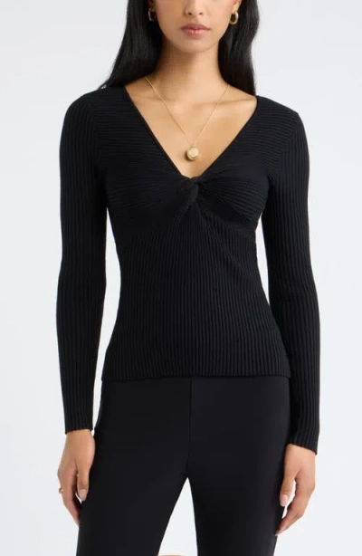 Open Edit Knot Front Ribbed V-neck Sweater In Black