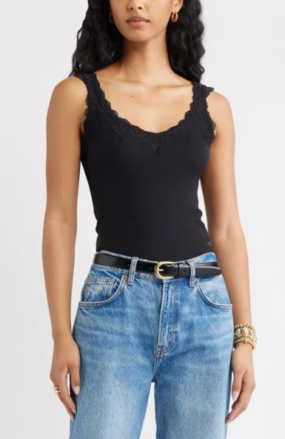 Open Edit Lace Trim Ribbed Tank In Black