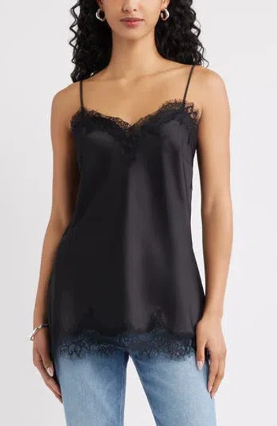 Open Edit Lace Trim Satin Camisole In Black