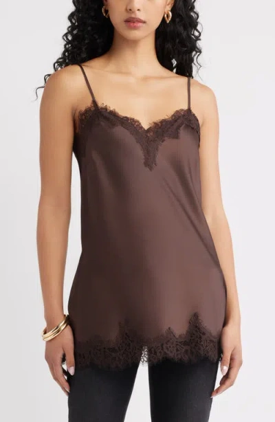 Open Edit Lace Trim Satin Camisole In Brown