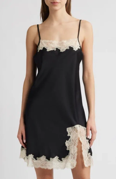 Open Edit Lace Trim Satin Chemise In Black