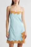 Open Edit Lace Trim Satin Chemise In Blue Aqua