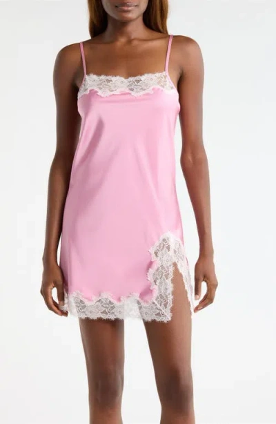 Open Edit Lace Trim Satin Chemise In Pink