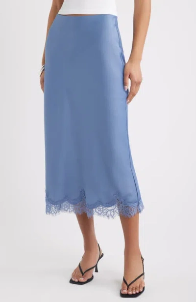 Open Edit Lace Trim Satin Midi Skirt In Blue