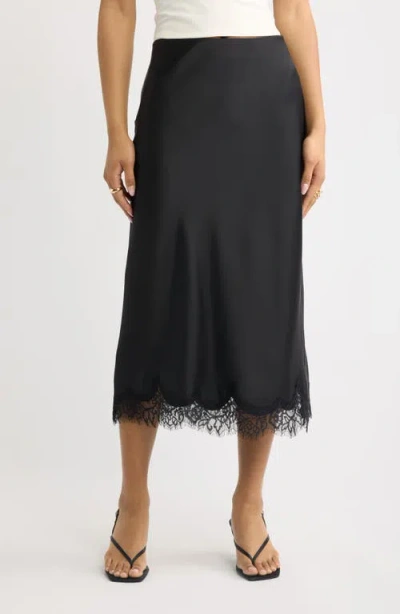 Open Edit Lace Trim Satin Midi Skirt In Black