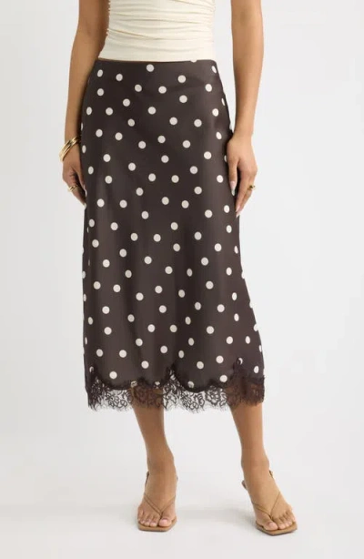 Open Edit Lace Trim Satin Midi Skirt In Brown