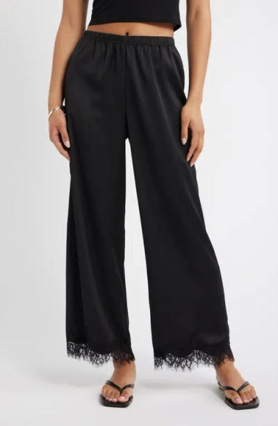 Open Edit Lace Trim Satin Pants In Black