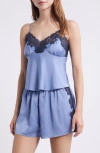Open Edit Lace Trim Satin Short Pajamas In Blue
