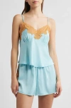 Open Edit Lace Trim Satin Short Pajamas In Blue Aqua