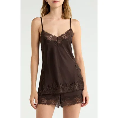 Open Edit Lace Trim Satin Short Pajamas In Black