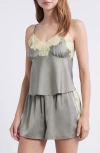 Open Edit Lace Trim Satin Short Pajamas In Gray
