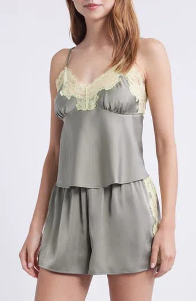 Open Edit Lace Trim Satin Short Pajamas In Green