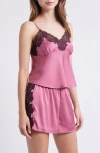 Open Edit Lace Trim Satin Short Pajamas In Pink