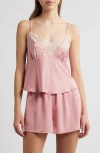 Open Edit Lace Trim Satin Short Pajamas In Pink Beauty