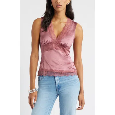 Open Edit Lace Trim Satin Tank In Pink
