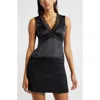 Open Edit Lace Trim Satin Tank In Black