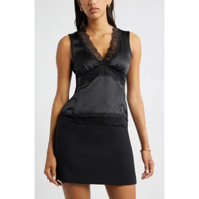 Open Edit Lace Trim Satin Tank In Black