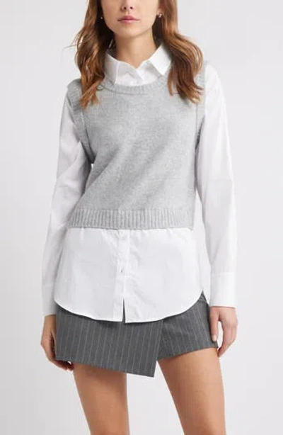 Open Edit Layered Look Sweater Vest In Grey Heather- White Combo