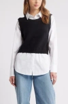 Open Edit Layered Look Sweater Vest In Black- White Combo