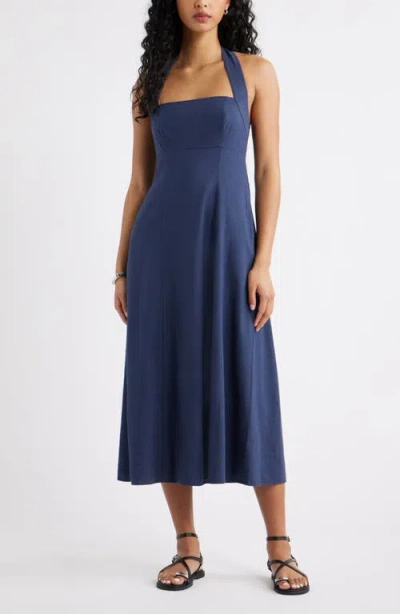 Open Edit Linen Blend Halter Midi Dress In Blue