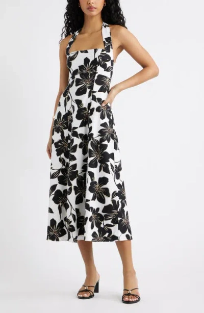 Open Edit Linen Blend Halter Midi Dress In Black